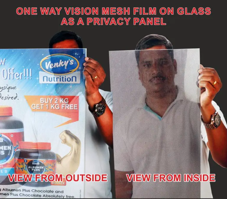 one way vision film acting as a privacy panel. When you look at this print from the outside you can only see the printed images wheras people on the inside can look out to see through the print.