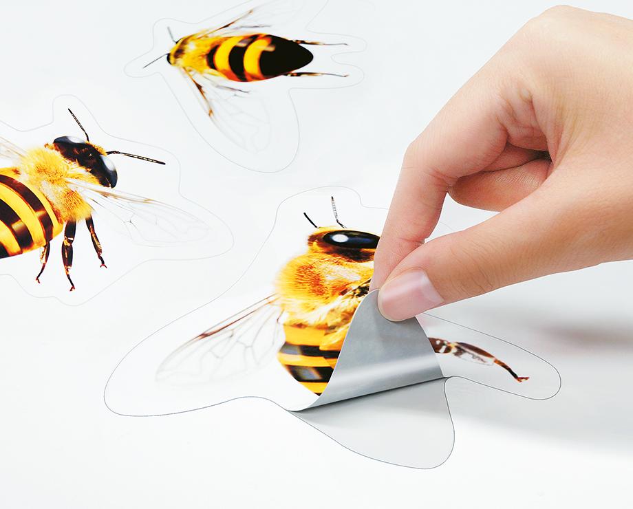 kiss cut stickers of three bees printed on vinyl media and plotter cut on their outline