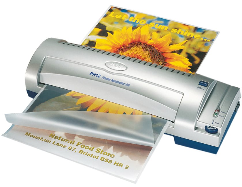 pouch laminator heat pasting a lamination film on a printed A4 sized paper
