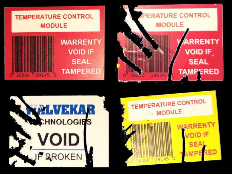 destructible vinyl stickers that disintegrate when you try to peel them showing evidence of tampering