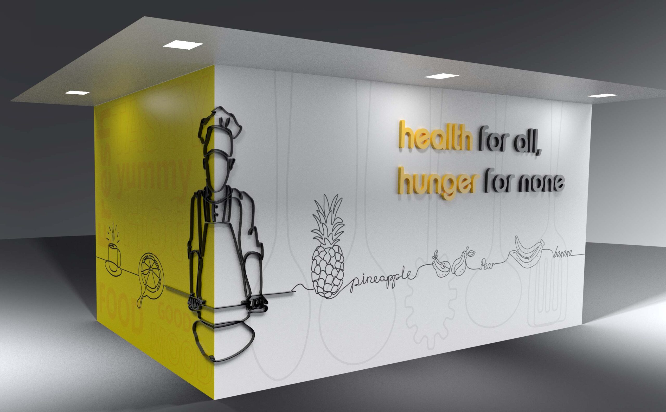 A very artistic wall mural comprised of a custom printed wall vinyl pasted on a wall and the letters 'HEALTH FOR All HUNGER FOR NONE' laser cut from acrylic material and installed as 3D letters to create a fantastic looking wall design inside a restaurant