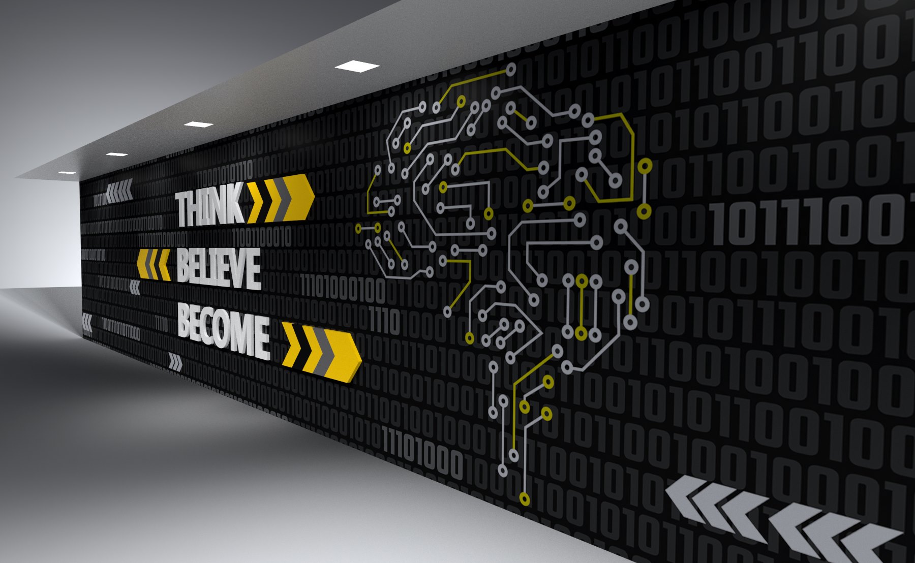 custom printed wallpaper installed in a corporate office with the letters in the tagline laser cut from acrylic to give a 3D effect to the office interiors a classy look