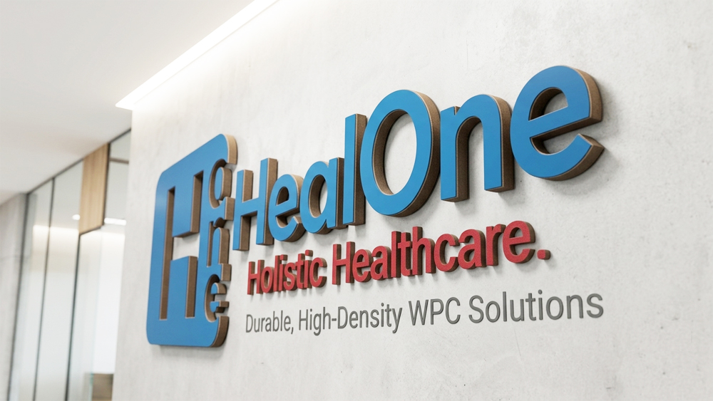 Professional high-density 15mm WPC and Sunboard signage board with premium finish mounted on a modern corporate office wall, showcasing durability and thickness.