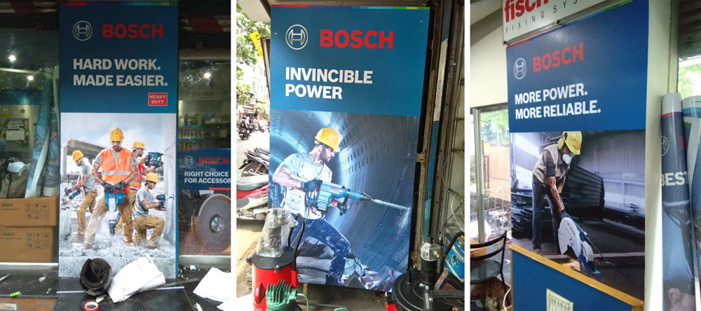 Three advertisement jobs of the Bosch tool company printed on SAV – self adhesive vinyl and pasted in a store