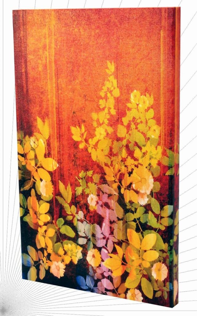 Custom printed canvas wall art made of framed paintings displaying a floral design