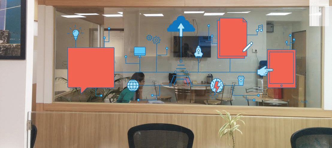A glass partition in an office which is simultaneously opaque and transparent. This is achieved by using UV white inks with multi layer printing.