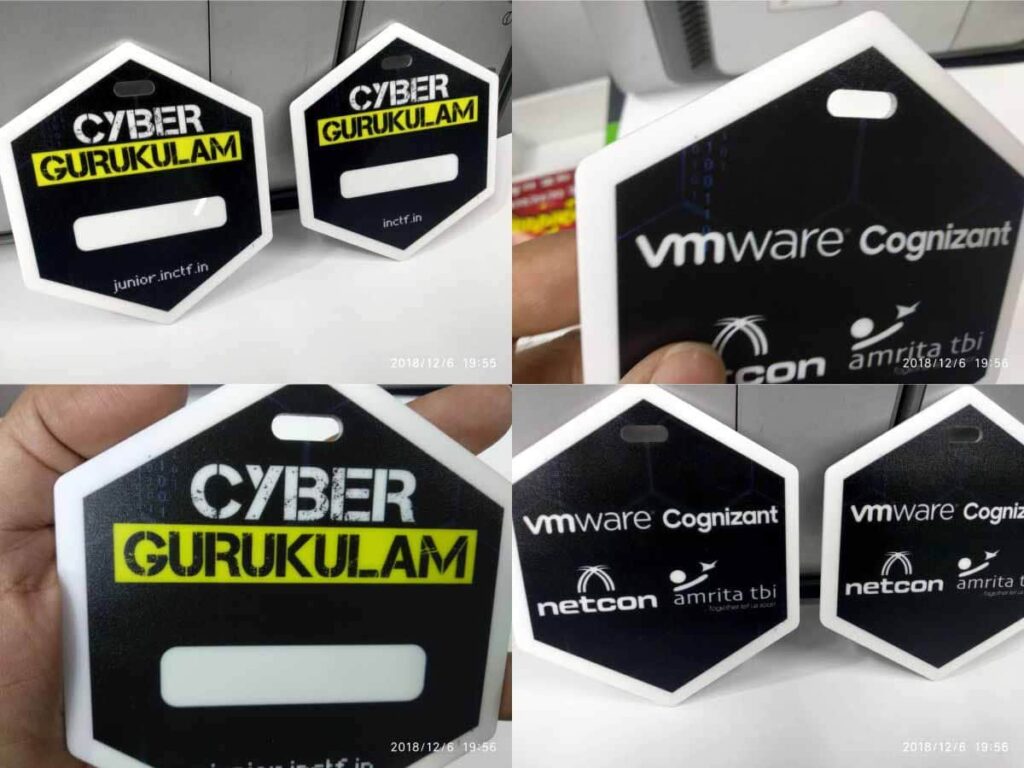 acrylic exhibition badges laser cut into a hexagonal shape with UV printing on both sides