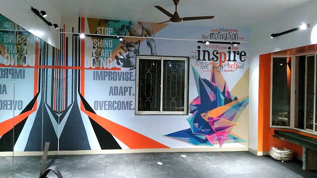 Interior decoation of a gym using a custom printed wallpaper