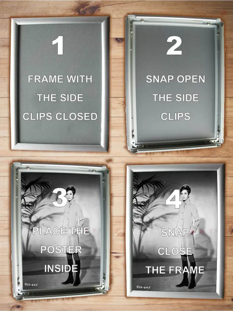 to use clip frames snap open the side profiles place the poster in the frame and then snap close the edge profiles