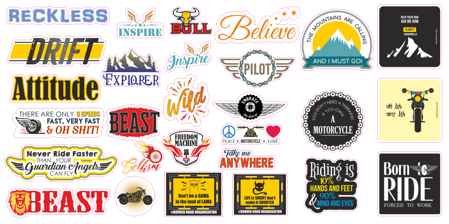 artwork for different print and cut stickers for the Trip-N-Me biking club with the die cut shapes outlined in pink